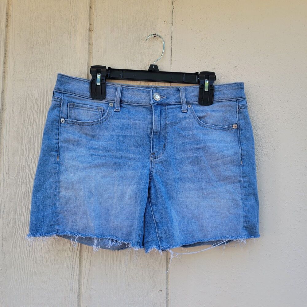 American Eagle Denim Shorts Super Stretch X Frayed Hem Distressed Light Wash 12
